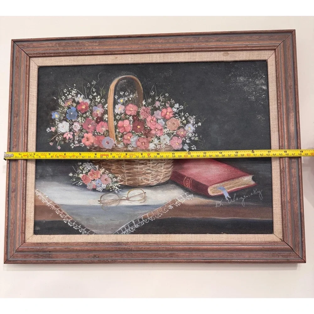 Vintage Still Life Oil Painting Floral Basket Home Decor 16x20 Cottage Dainty